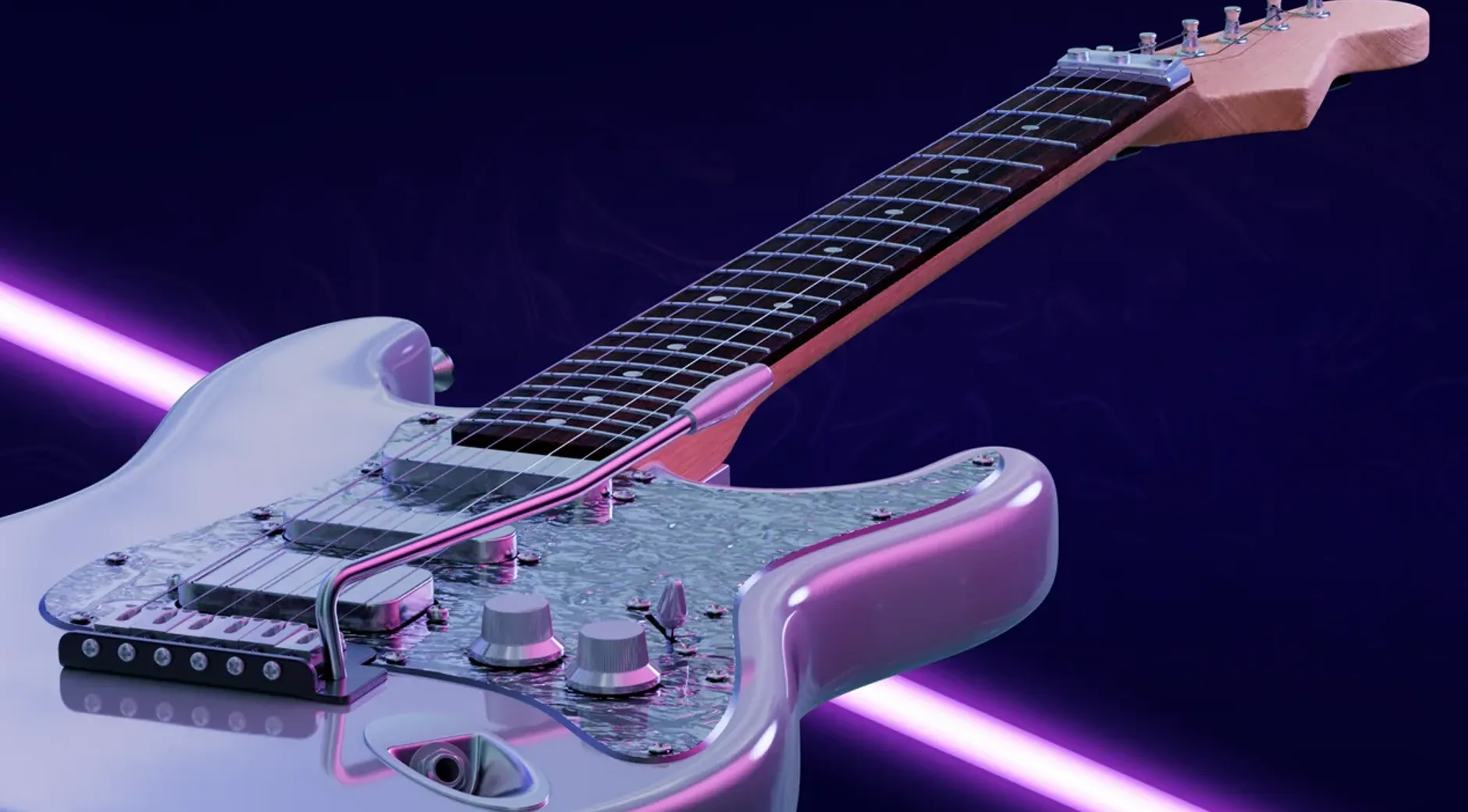 A rendered pearl-white electric guitar on a dark purple ground, crossed by two neon violet light bars.