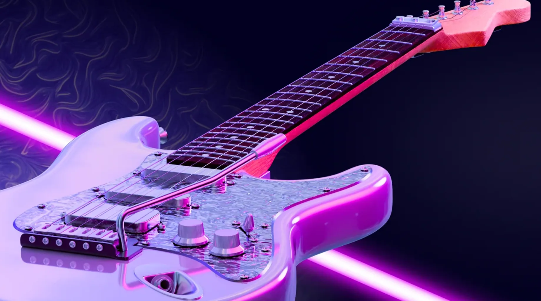 A rendered pearl-white electric guitar lit in violet, lying across two magenta neon bars against a dark ground.