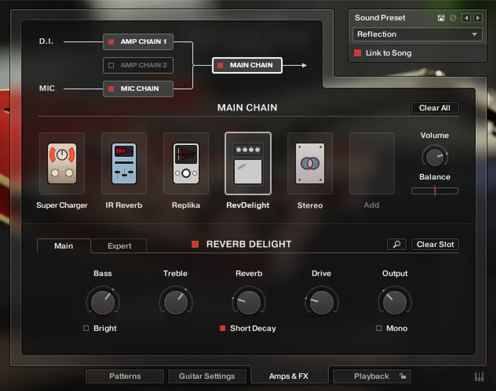 The Amps and FX page, showing the signal routed through amp and mic chains into a row of effect pedals.