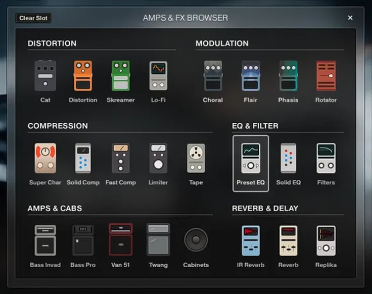 The Amps and FX browser, its pedals grouped into distortion, modulation, compression, EQ, amps and reverb.