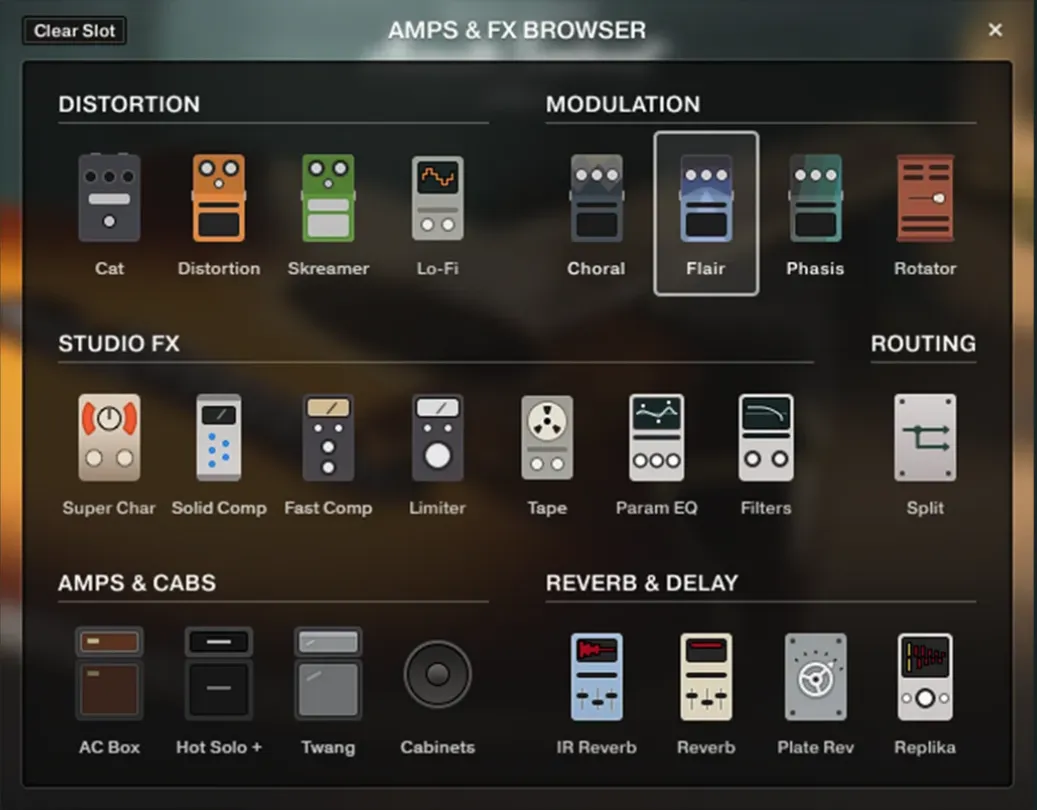 The Amps and FX browser, its pedals grouped into distortion, modulation, studio effects, amps and reverb.