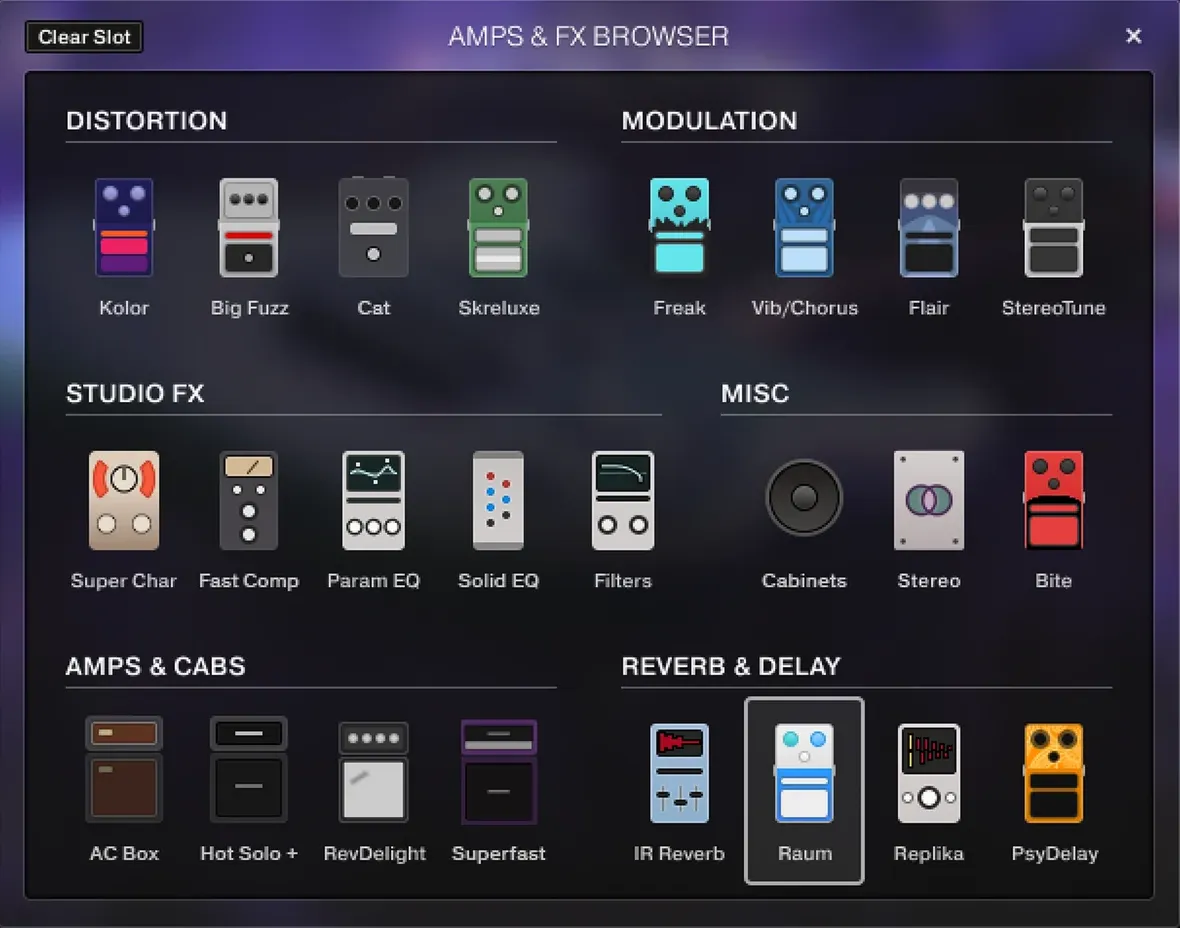 The Amps and FX browser, its pedals grouped into distortion, modulation, studio effects, amps and reverb.