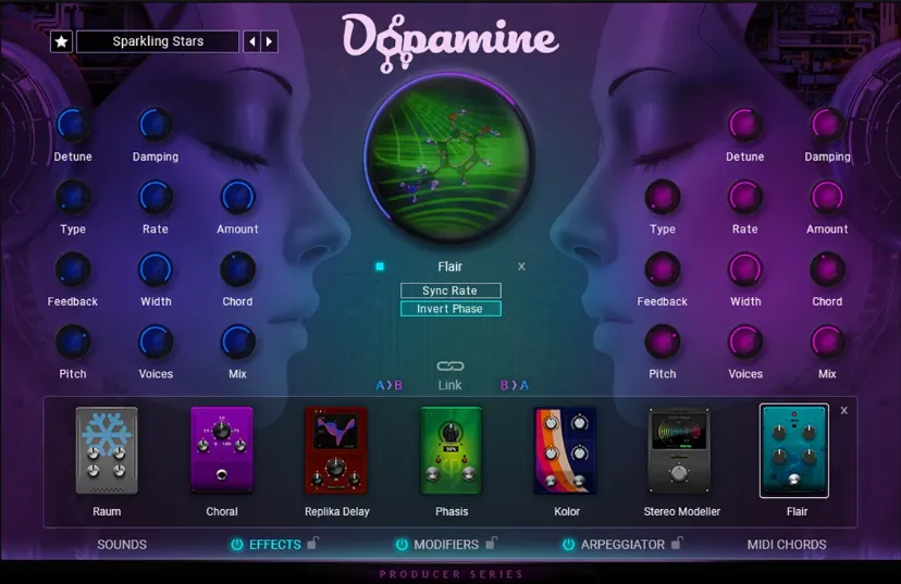 The Effects page, its two mirrored control panels above a rack of seven pedals including Raum, Choral, Replika Delay and Phasis.