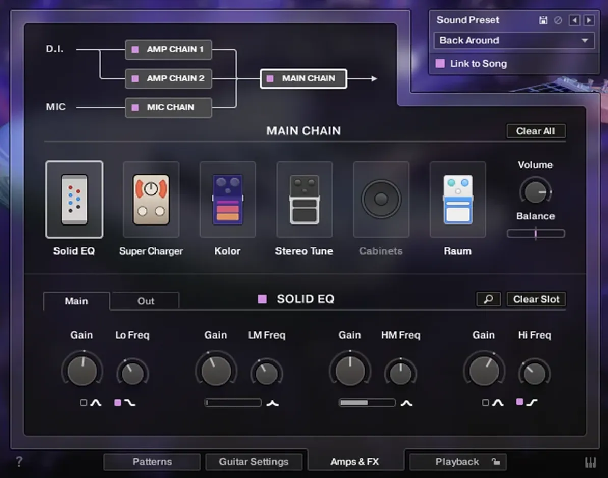 The Amps and FX page, showing the routing from D.I. and microphone chains into a main chain of EQ, distortion, modulation and reverb pedals.