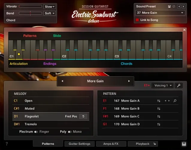 The keyboard map, colour-coded into articulations, patterns, slides, endings and chords.