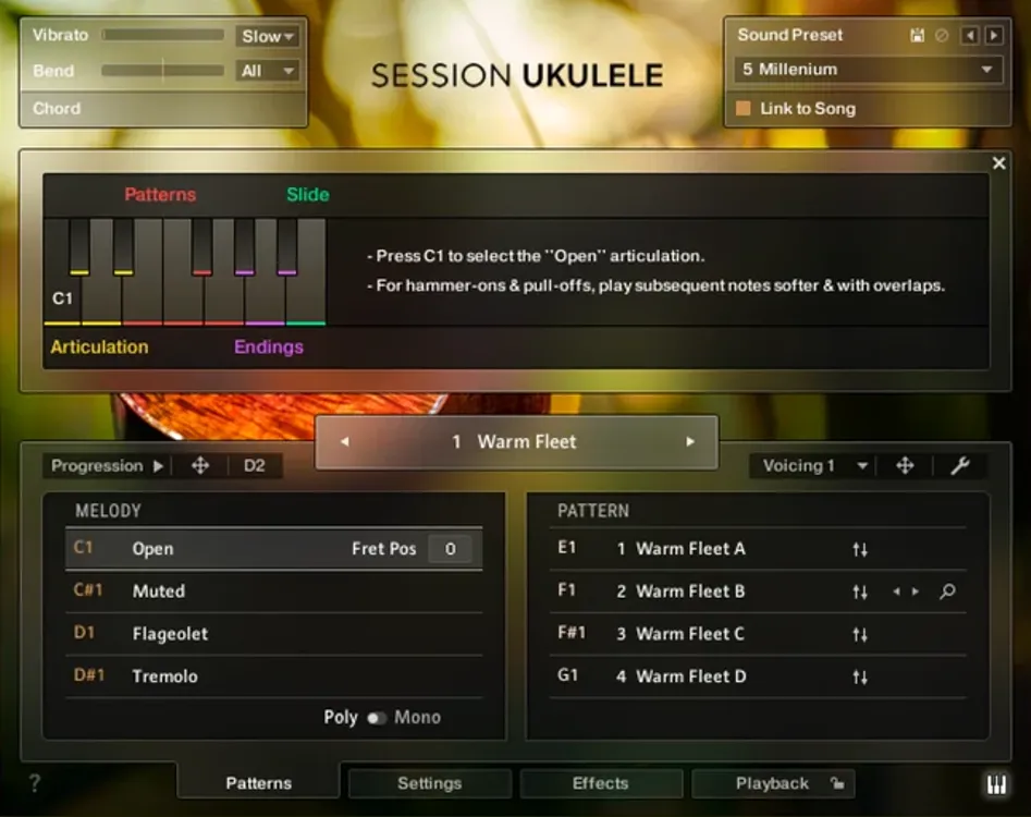 The keyboard map, colour-coded into articulations, patterns, slides and endings, with playing notes beside it.