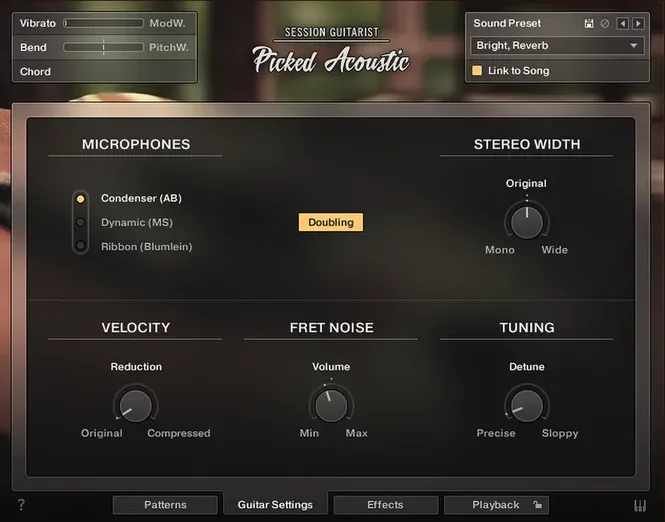 The guitar settings page, offering condenser, dynamic and ribbon microphones alongside stereo width, velocity, fret noise and tuning.