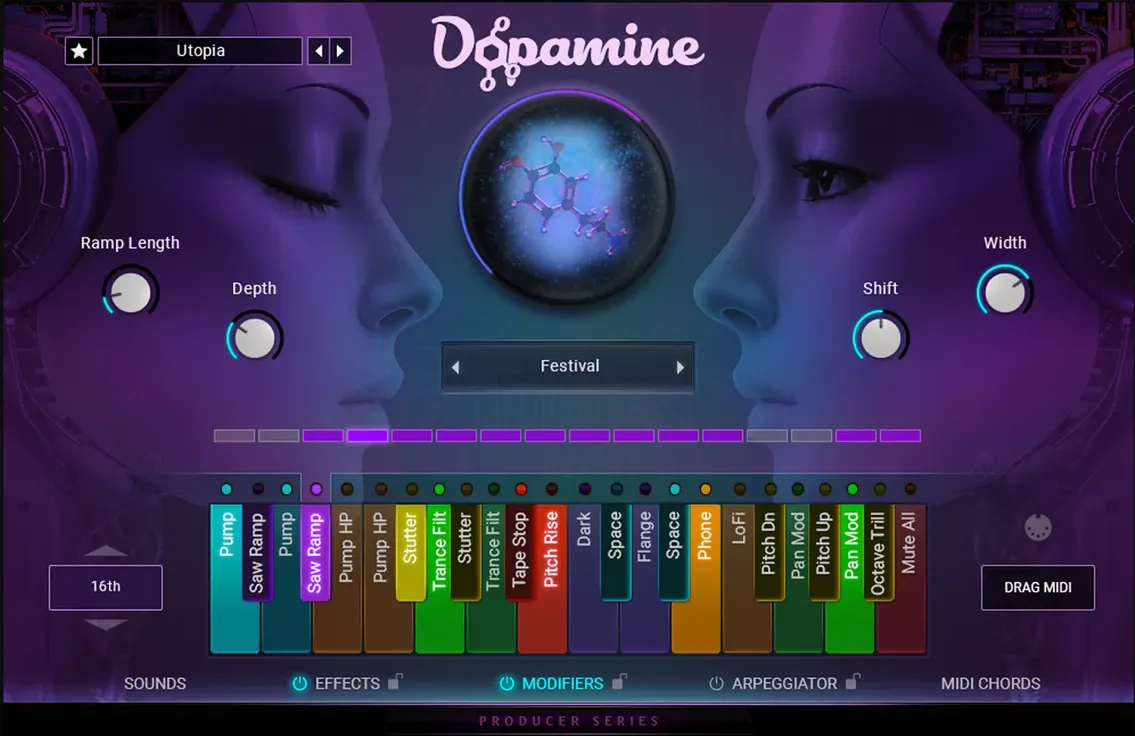 The Modifiers page, a row of colour-coded keys labelled pump, saw ramp, stutter, trance filter, tape stop and pitch rise.