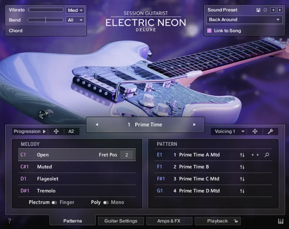 The instrument's Patterns page, melody articulations listed on the left and the loaded song's pattern slots on the right.