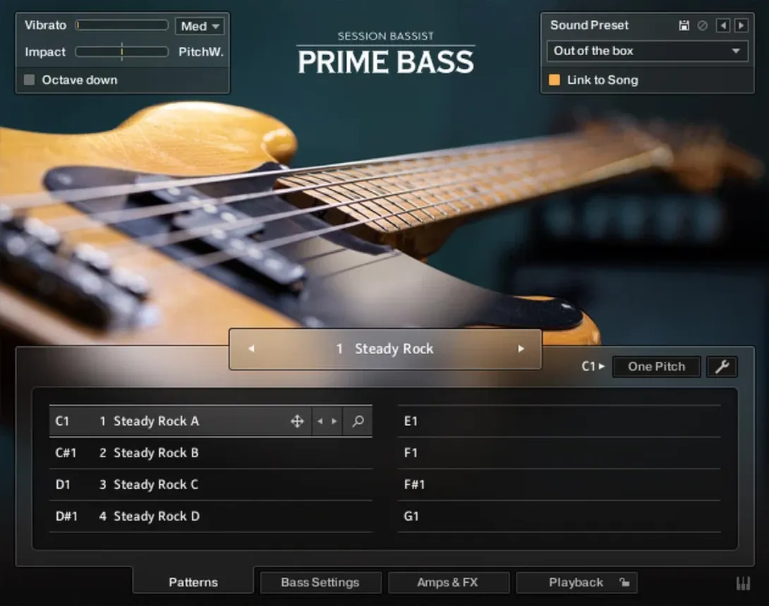 The instrument's pattern page, with the melody keys listed on the left and the pattern list on the right.