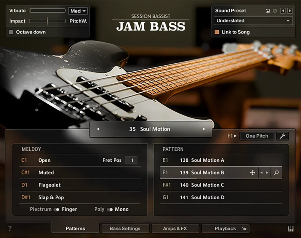 The instrument's pattern page, with the melody keys listed on the left and the pattern list on the right.
