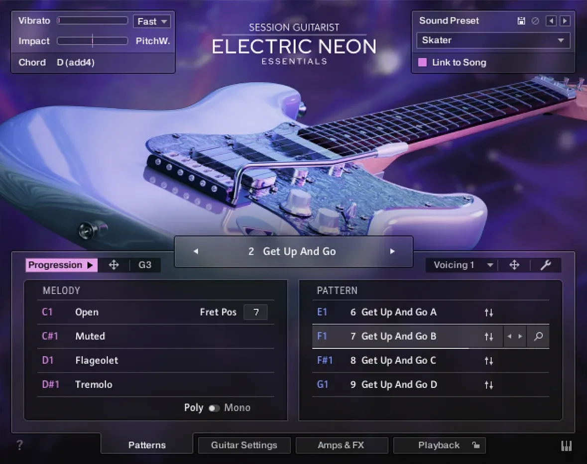 The instrument's main page, with the melody keys listed on the left and the pattern list on the right.