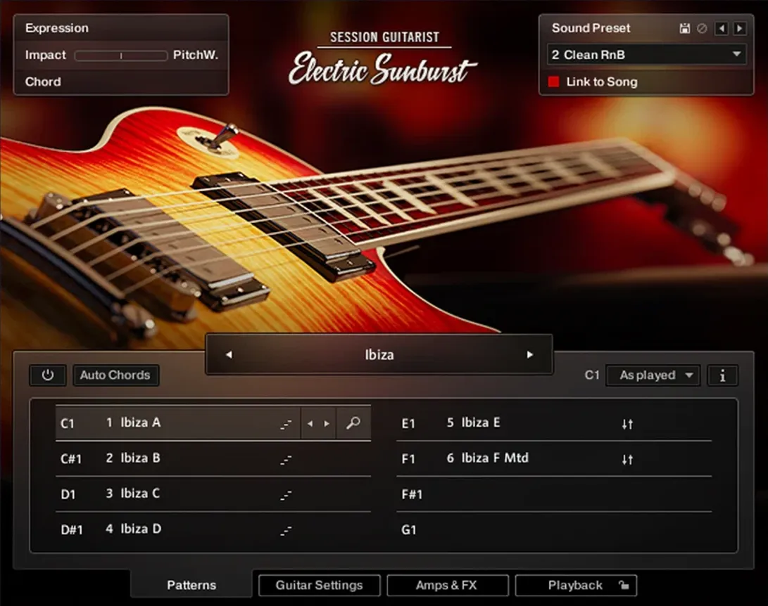 The instrument's Patterns page, with a song's pattern slots mapped to the keys from C1 upward and Auto Chords switched on above them.