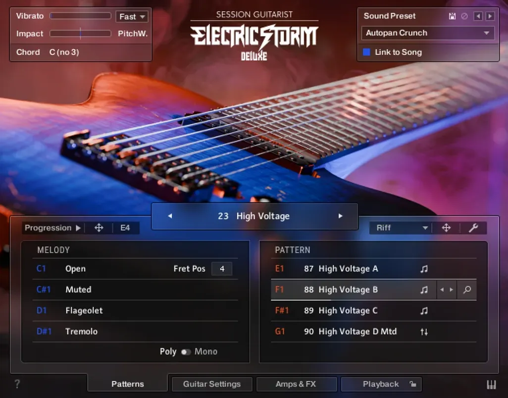 The instrument's main page, with the melody keys listed on the left and the pattern list on the right.