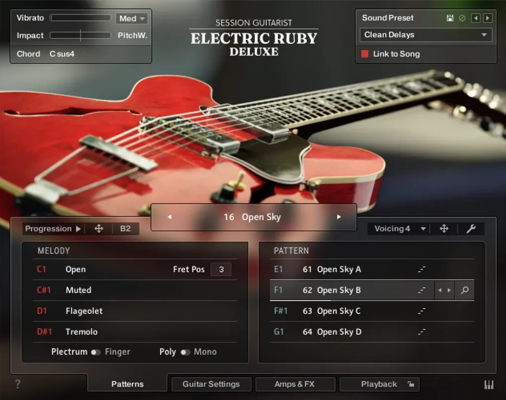 The instrument's main page, with the melody keys listed on the left and the pattern list on the right.