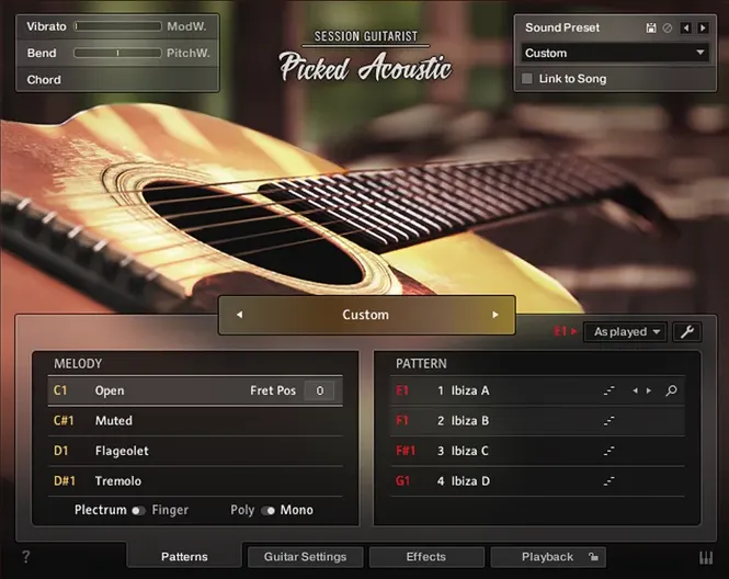 The instrument's pattern page, with the melody keys listed on the left and the pattern list on the right.