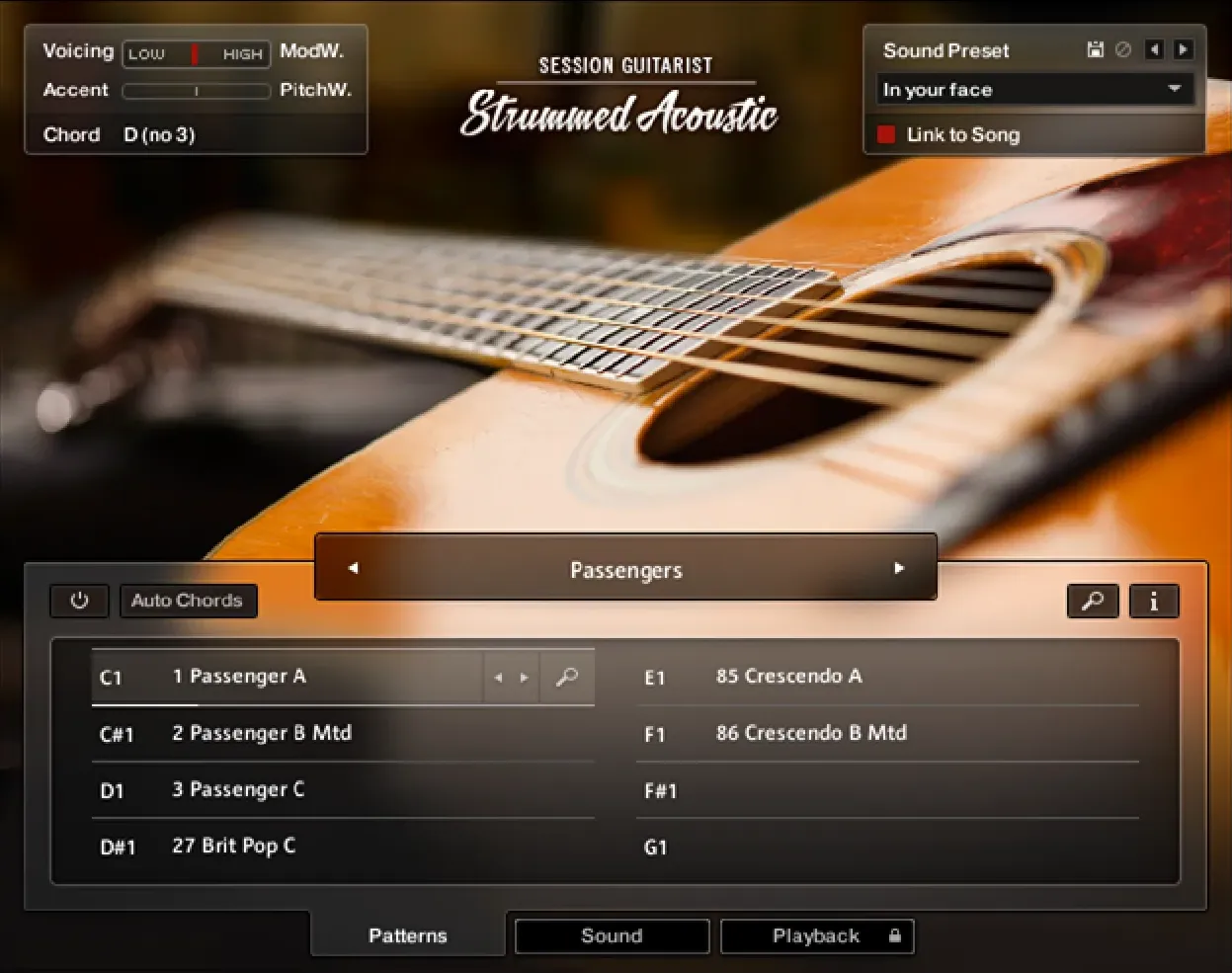 The instrument's pattern page, with pattern keys on the left, song sections on the right and a voicing control above.