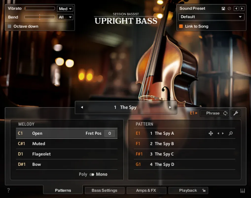 The instrument's pattern page, the melody articulations listed on the left and the pattern list on the right.