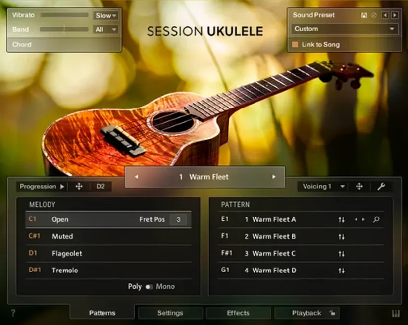 The instrument's pattern page, with the melody keys listed on the left and the pattern list on the right.
