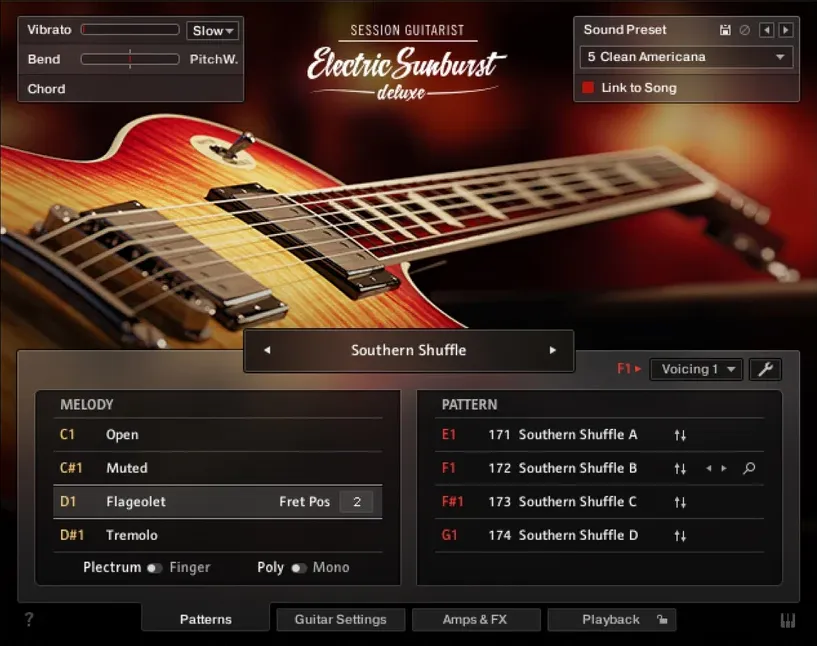 The instrument's main page, with the melody keys listed on the left and the pattern list on the right.