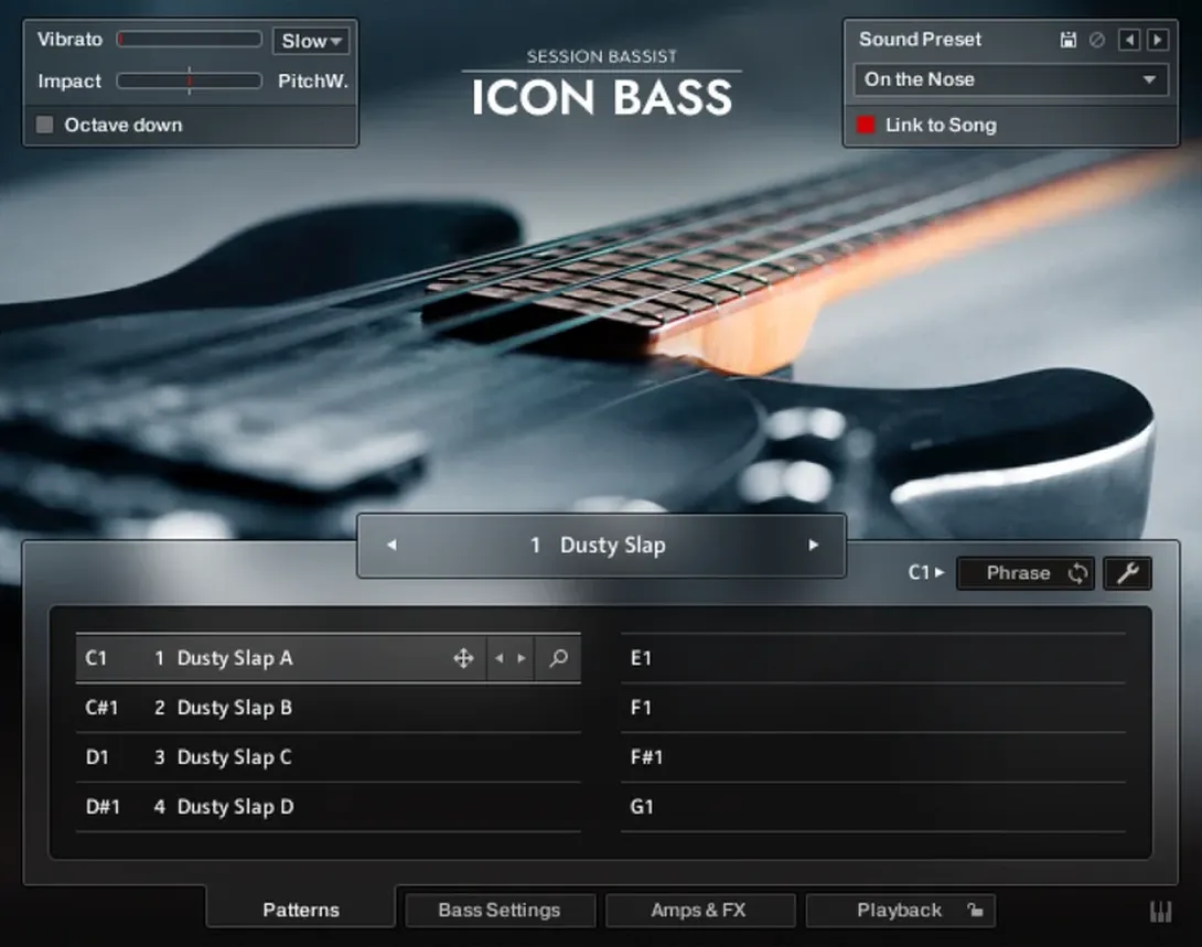 The instrument's pattern page, with the melody keys listed on the left and the pattern list on the right.