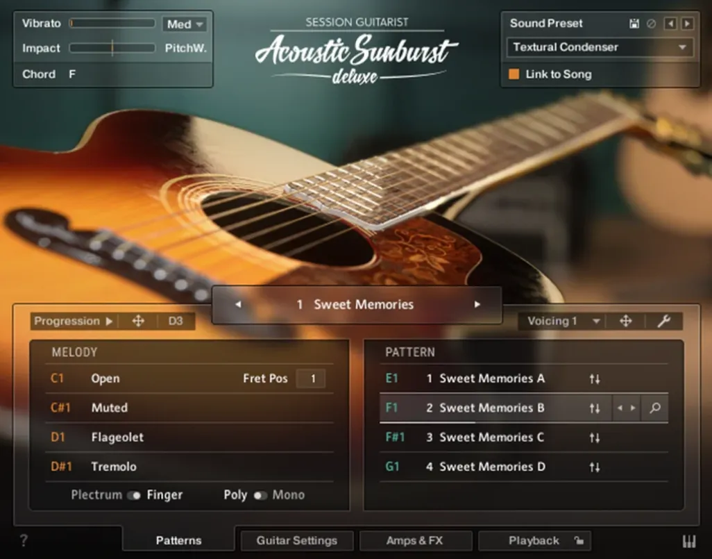 The instrument's pattern page, with the melody keys listed on the left and the pattern list on the right.