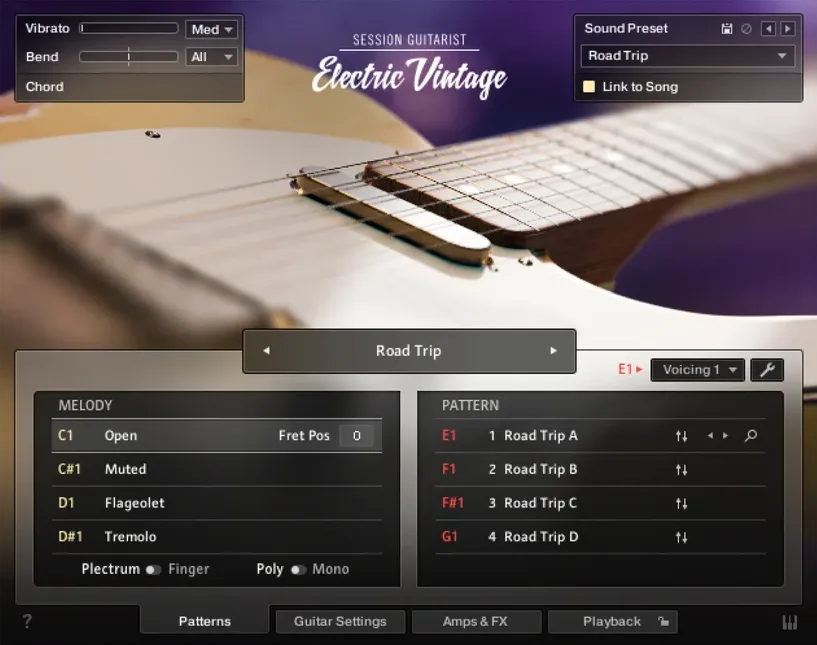 The instrument's main page, with the melody keys listed on the left and the pattern list on the right.