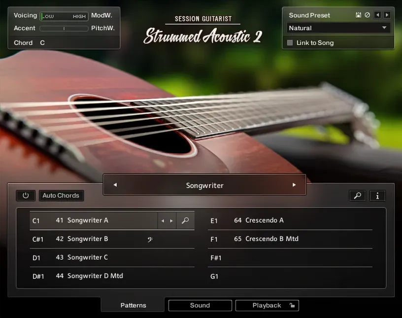 The instrument's pattern page, with the pattern keys listed on the left and song sections on the right.