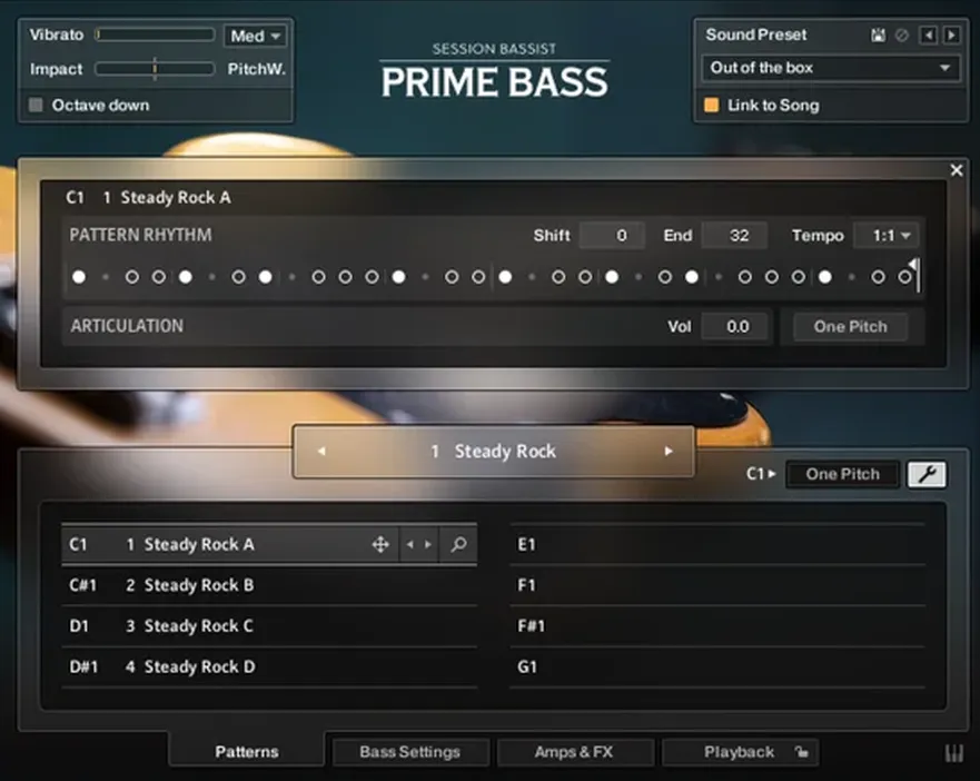 The pattern rhythm editor open over the pattern list, its accents laid out on a step grid with shift, end and tempo controls.