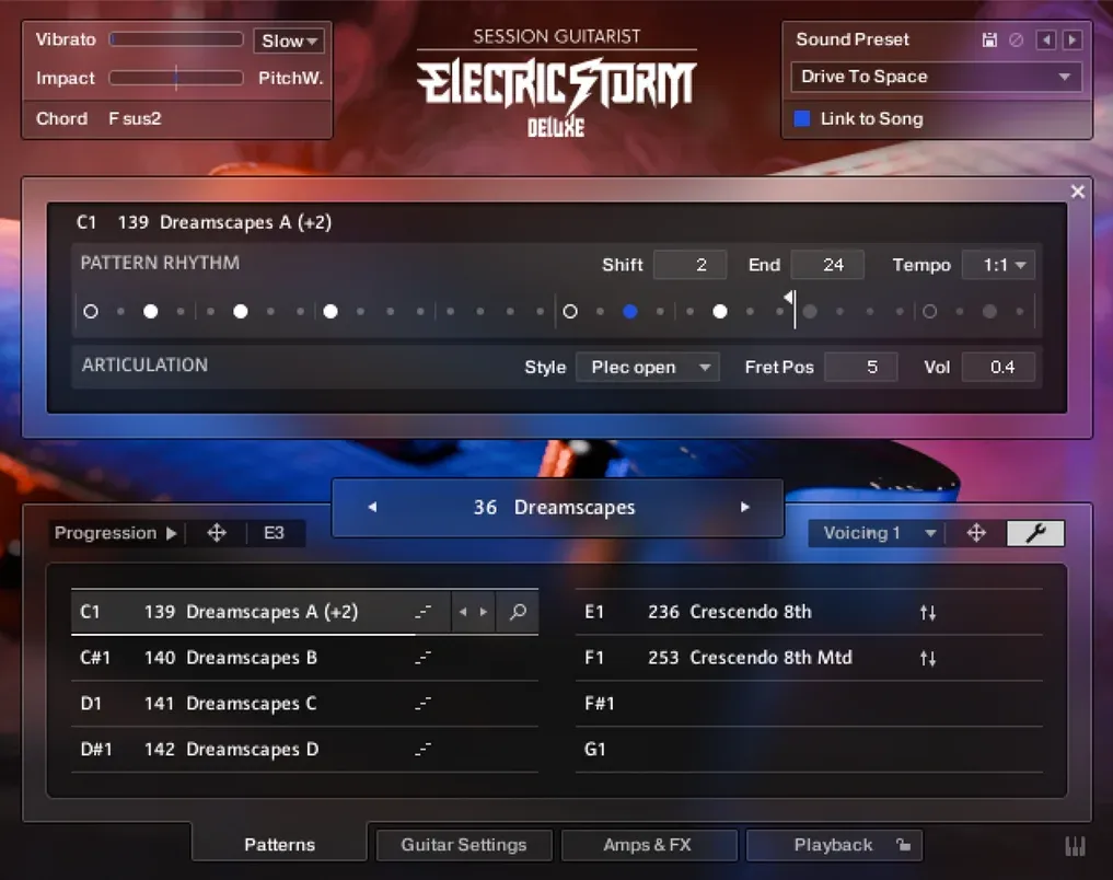 The pattern editor open on a rhythm grid, with articulation, fret position and volume beneath it.