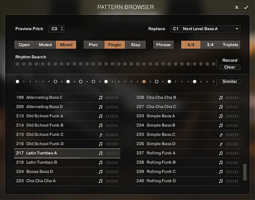 The pattern browser, filtering by articulation, playing style and time signature, with a rhythm search across the beat grid.