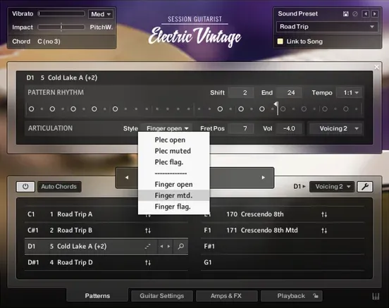 The pattern editor, a rhythm grid above and the articulation menu open on plectrum and finger styles.