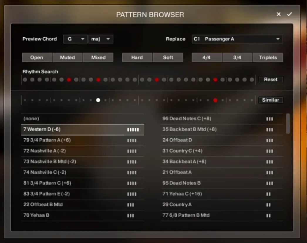 The pattern browser, filtering by articulation, dynamics and time signature, with a rhythm search across the beat grid.