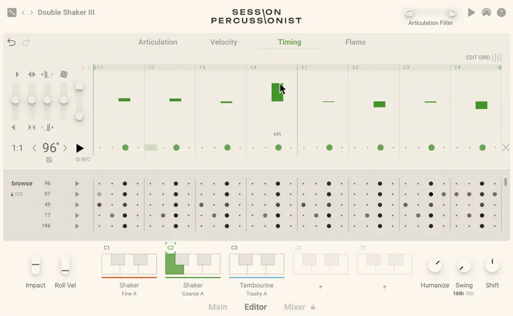 The step sequencer, its timing lane open over a pattern browser, with articulation, velocity and flam tabs above.