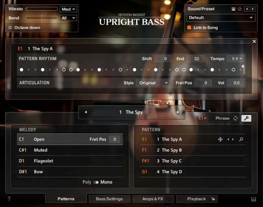 The pattern rhythm editor open over the pattern list, its accents on a step grid with shift, end, tempo and articulation controls.