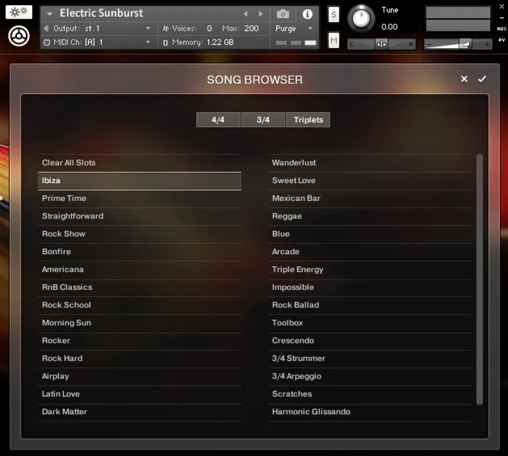 The song browser filtered to 4/4, listing presets from Ibiza and Rock Show through to Latin Love and Harmonic Glissando.