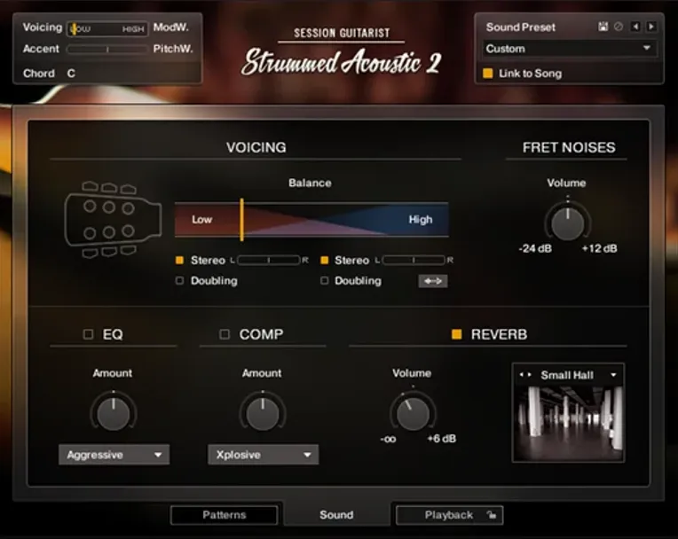 The sound page, with a voicing balance between low and high positions, fret noise level, EQ, compression and reverb.