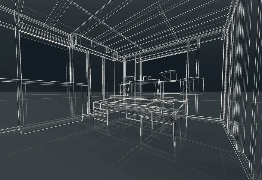 A wireframe architectural drawing of one of the control rooms, showing the desk, the monitor positions and the shell of the room.